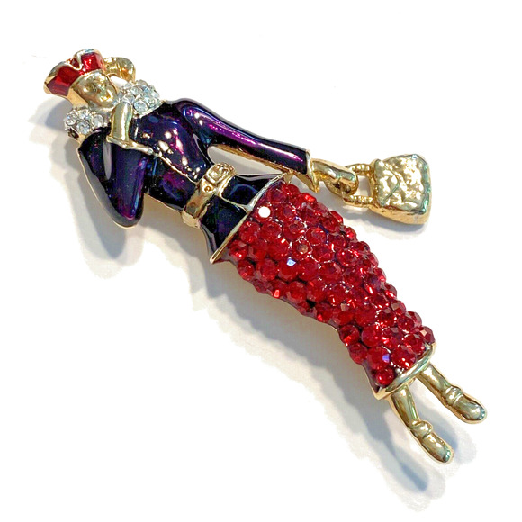 Red Hat Society Lady Brooch Large Goldtone with Purple Enamel Red Rhinestone L-S - Picture 3 of 10